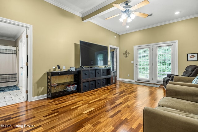 111 Emory Ct, Bardstown, KY 40004 - living room featuring wood finished floors, ceiling fan, crown molding, beamed ceiling, and baseboards
