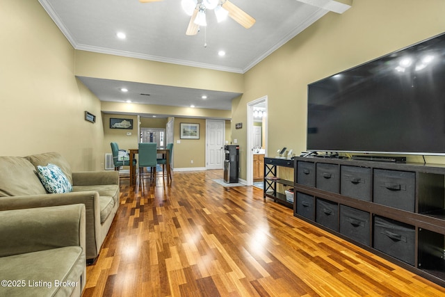 111 Emory Ct, Bardstown, KY 40004 - living area featuring ornamental molding, ceiling fan, wood finished floors, recessed lighting, and baseboards