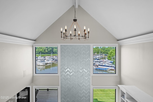 5404 River Creek Ct, Prospect, KY 40059 - dining room with high vaulted ceiling, a chandelier, a water view, view of marina, and beamed ceiling