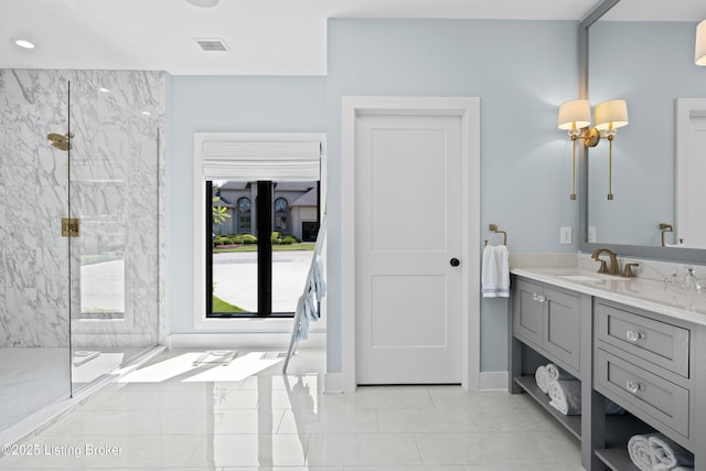 5404 River Creek Ct, Prospect, KY 40059 - full bath featuring vanity, a marble finish shower, tile patterned flooring, and recessed lighting