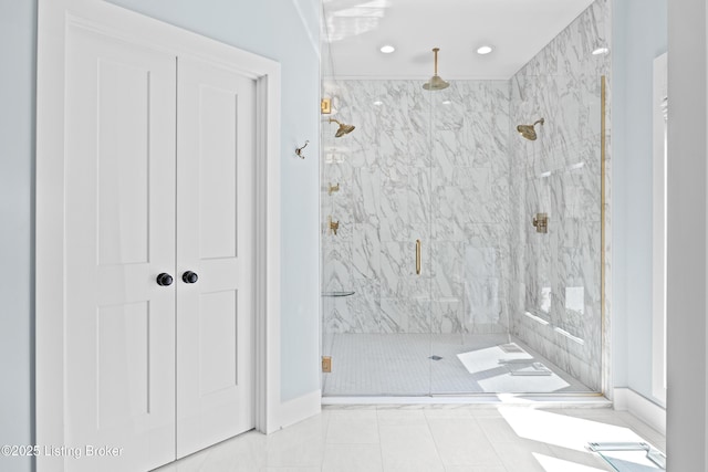 5404 River Creek Ct, Prospect, KY 40059 - full bathroom featuring a marble finish shower, recessed lighting, and tile patterned floors