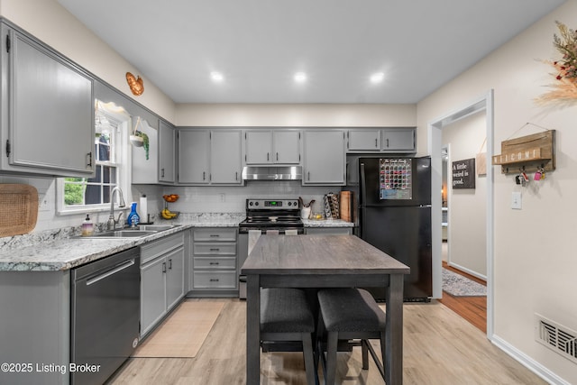 7401 Maria Ave, Louisville, KY 40222 - kitchen featuring dishwasher, electric range oven, freestanding refrigerator, gray cabinets, and recessed lighting