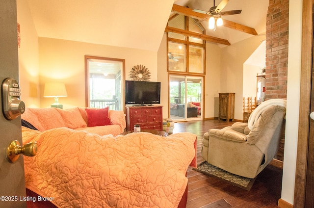 52 Lakeshore Cir, Leitchfield, KY 42754 - living area featuring wood finished floors, a ceiling fan, beam ceiling, and high vaulted ceiling
