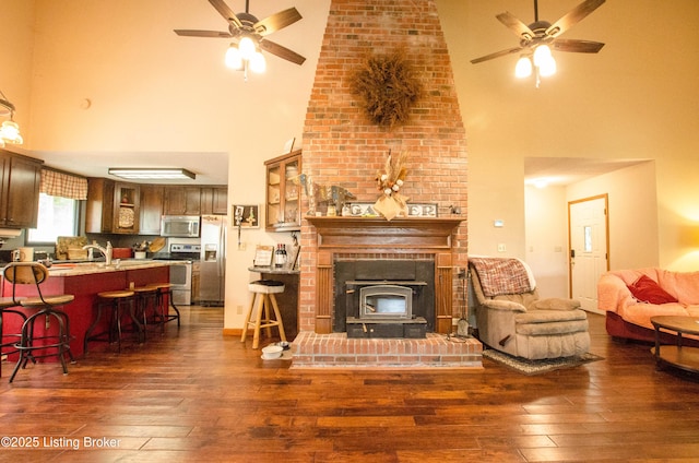 52 Lakeshore Cir, Leitchfield, KY 42754 - living room with high vaulted ceiling, a ceiling fan, dark wood-type flooring, and a wood stove