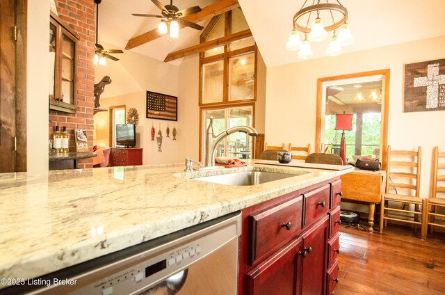 52 Lakeshore Cir, Leitchfield, KY 42754 - kitchen featuring stainless steel dishwasher, reddish brown cabinets, light stone countertops, wood finished floors, and a ceiling fan
