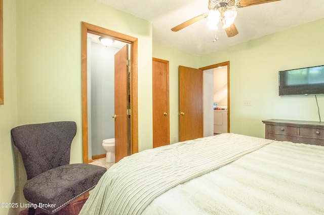 52 Lakeshore Cir, Leitchfield, KY 42754 - bedroom with ensuite bathroom, tile patterned flooring, washer / clothes dryer, and ceiling fan
