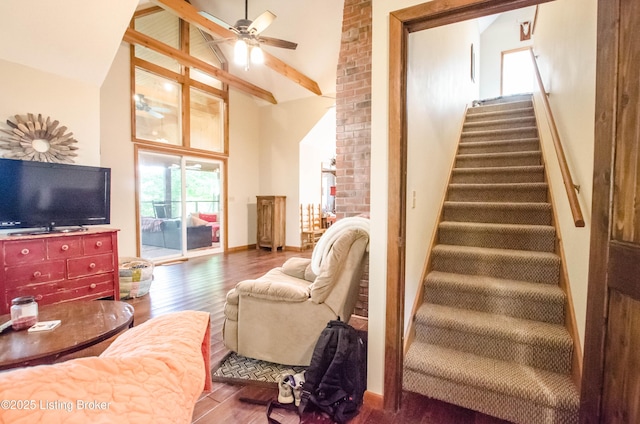 52 Lakeshore Cir, Leitchfield, KY 42754 - stairs featuring wood finished floors, a ceiling fan, high vaulted ceiling, and beamed ceiling