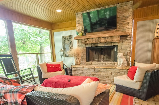 52 Lakeshore Cir, Leitchfield, KY 42754 - living area with wood ceiling, wood walls, and a stone fireplace