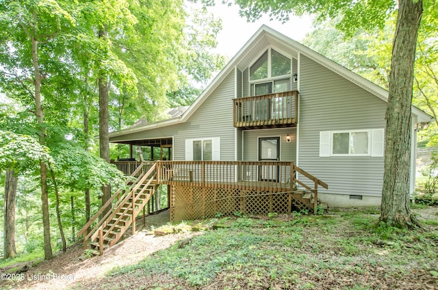 52 Lakeshore Cir, Leitchfield, KY 42754 - rear view of house featuring crawl space, stairway, a balcony, and a deck