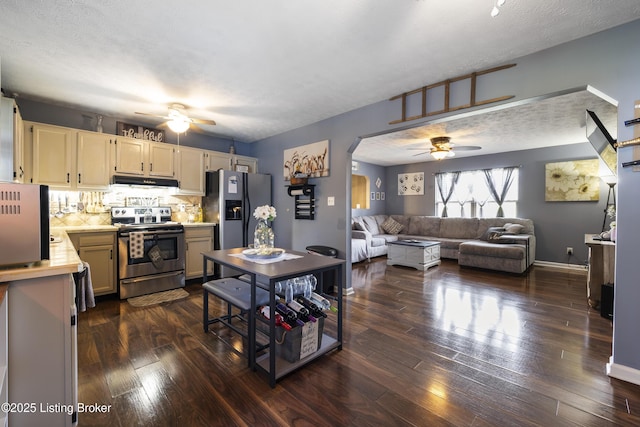 1108 Palisades Dr, Frankfort, KY 40601 - kitchen with stainless steel range with electric stovetop, ceiling fan, fridge with ice dispenser, light countertops, and a textured ceiling