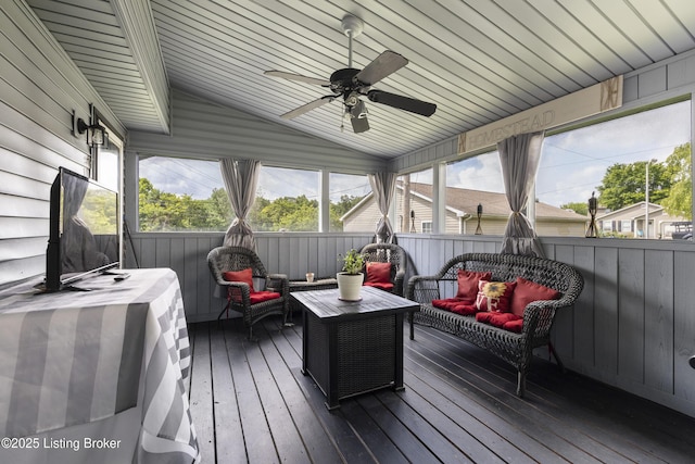 1108 Palisades Dr, Frankfort, KY 40601 - deck with an outdoor hangout area, a ceiling fan, and a fenced backyard