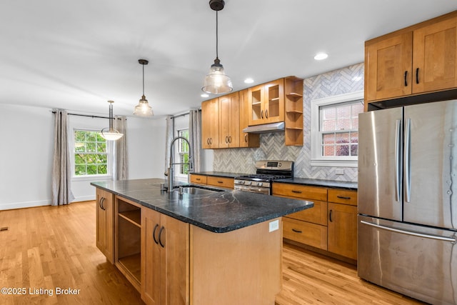 213 Barberry Ln, Lexington, KY 40503 - kitchen featuring stainless steel appliances, open shelves, tasteful backsplash, light wood-style floors, and recessed lighting