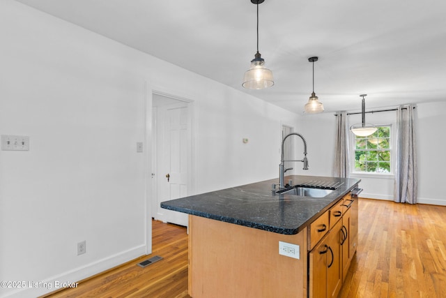 213 Barberry Ln, Lexington, KY 40503 - kitchen with a sink, baseboards, light wood finished floors, decorative light fixtures, and brown cabinets