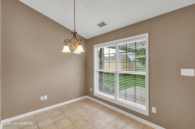 8405 Adams Run Rd, Louisville, KY 40228 - unfurnished room with a chandelier, baseboards, vaulted ceiling, and light tile patterned floors