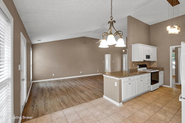 8405 Adams Run Rd, Louisville, KY 40228 - kitchen featuring white appliances, a chandelier, white cabinets, a ceiling fan, and light tile patterned flooring
