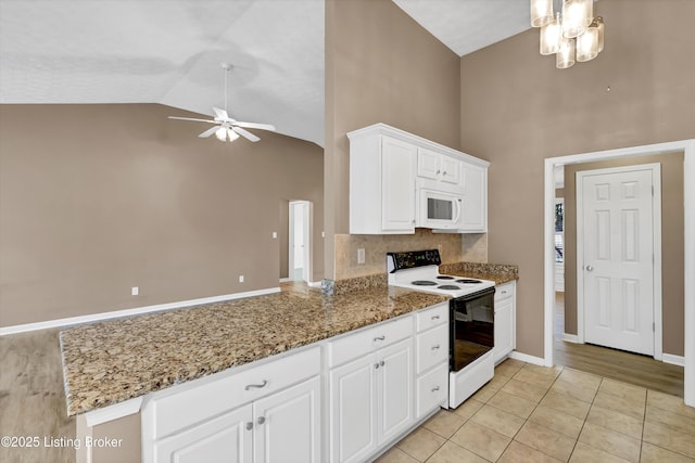8405 Adams Run Rd, Louisville, KY 40228 - kitchen featuring white appliances, ceiling fan, white cabinetry, high vaulted ceiling, and light stone counters