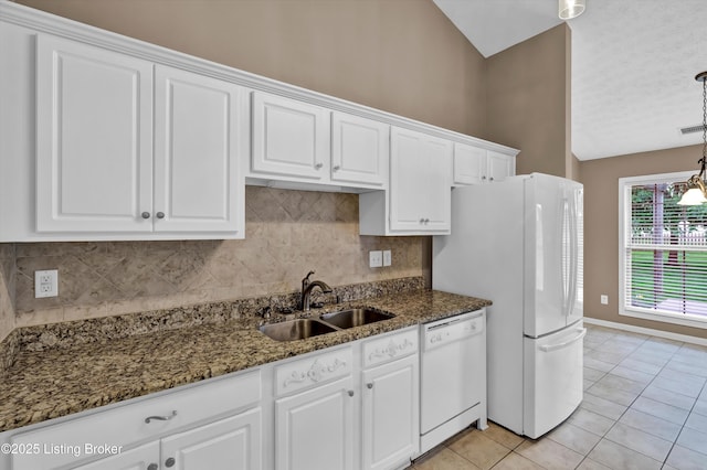 8405 Adams Run Rd, Louisville, KY 40228 - kitchen featuring white appliances, a sink, light tile patterned floors, white cabinetry, and tasteful backsplash