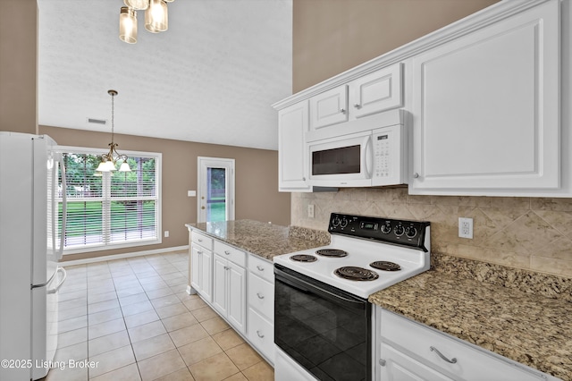 8405 Adams Run Rd, Louisville, KY 40228 - kitchen featuring white appliances, tasteful backsplash, light tile patterned floors, and a chandelier