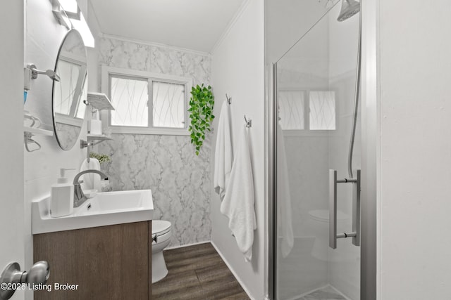 1709 Wickham Way, Louisville, KY 40223 - bathroom with toilet, a stall shower, ornamental molding, wood finished floors, and vanity