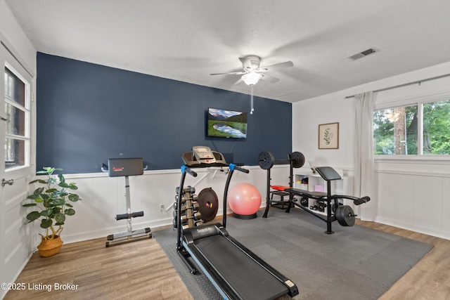 1709 Wickham Way, Louisville, KY 40223 - exercise room featuring wood finished floors, a ceiling fan, a wainscoted wall, and a decorative wall