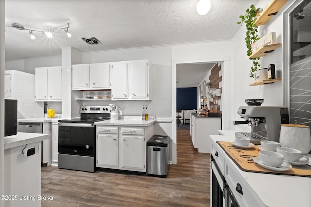 1709 Wickham Way, Louisville, KY 40223 - kitchen with open shelves, stainless steel range with electric cooktop, white cabinetry, dark wood finished floors, and light countertops