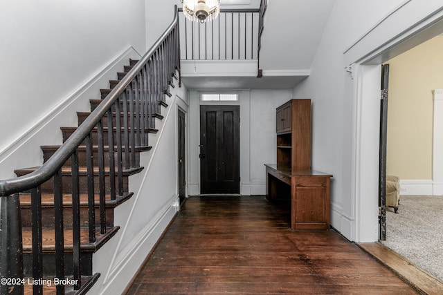 4893 N Preston Way, Shepherdsville, KY 40165 - entrance foyer featuring dark wood-style floors, stairway, and high vaulted ceiling
