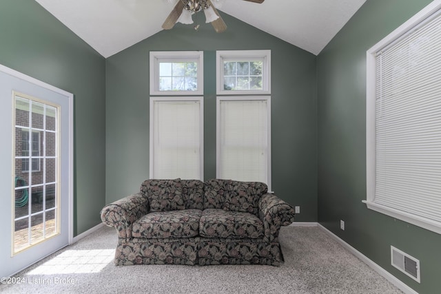 4893 N Preston Way, Shepherdsville, KY 40165 - living area with carpet floors, a ceiling fan, lofted ceiling, and baseboards