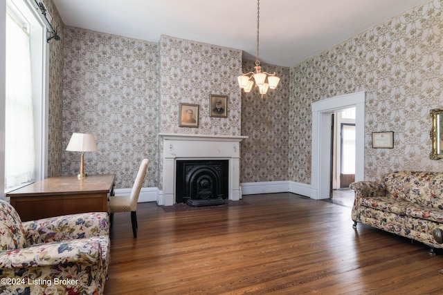 4893 N Preston Way, Shepherdsville, KY 40165 - living room with wood finished floors, a chandelier, and a fireplace with flush hearth