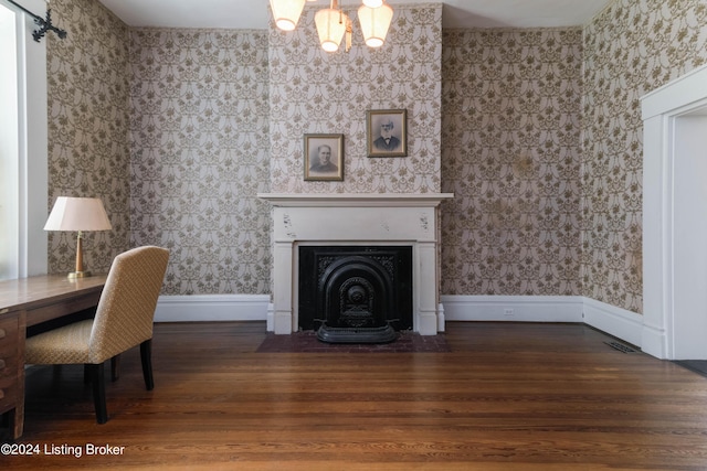 4893 N Preston Way, Shepherdsville, KY 40165 - living room with wallpapered walls, wood finished floors, baseboards, a fireplace with flush hearth, and a desk