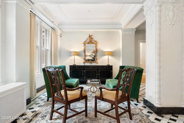 1412 Willow Ave Unit 56, Louisville, KY 40204 - sitting room with tile patterned floors, crown molding, and decorative columns