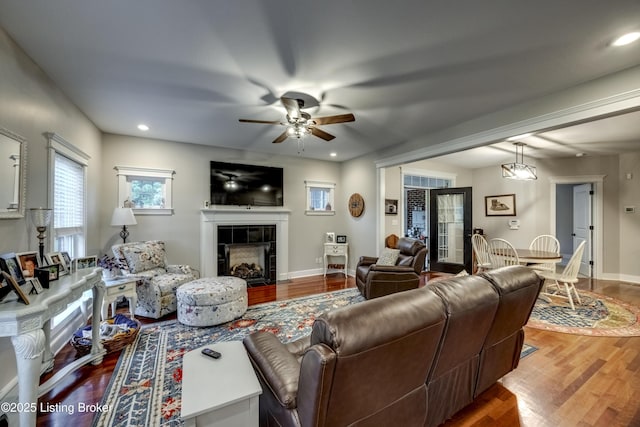 895 Woodlawn Rd Unit 3, Bardstown, KY 40004 - living area with a ceiling fan, wood finished floors, a fireplace, and recessed lighting