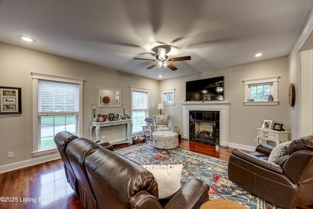 895 Woodlawn Rd Unit 3, Bardstown, KY 40004 - living room featuring a tiled fireplace, ceiling fan, baseboards, dark wood finished floors, and recessed lighting