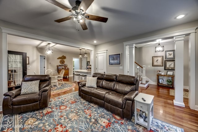 895 Woodlawn Rd Unit 3, Bardstown, KY 40004 - living room featuring a ceiling fan, wood finished floors, stairs, decorative columns, and recessed lighting