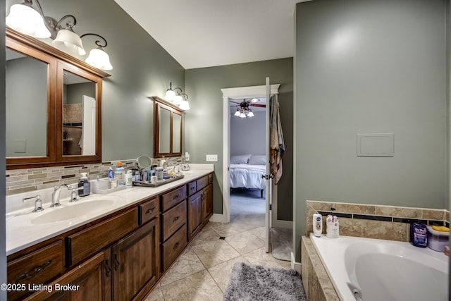 895 Woodlawn Rd Unit 3, Bardstown, KY 40004 - full bathroom with double vanity, a garden tub, a ceiling fan, tile patterned flooring, and connected bathroom