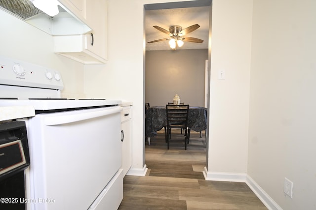 7050 Wildwood Cir Unit 100, Louisville, KY 40291 - kitchen featuring white electric range oven, range hood, a ceiling fan, dark wood-type flooring, and light countertops