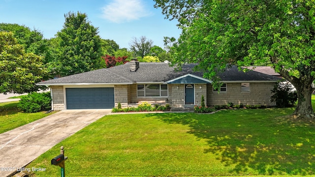 1212 Hibiscus Dr, Clarksville, IN 47129 - ranch-style home featuring driveway, stone siding, an attached garage, a front yard, and a chimney