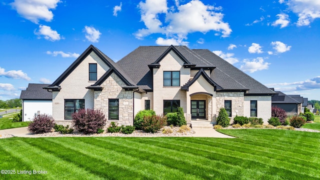 6299 Clore Ln, Crestwood, KY 40014 - french country style house with a front lawn, stone siding, brick siding, and french doors