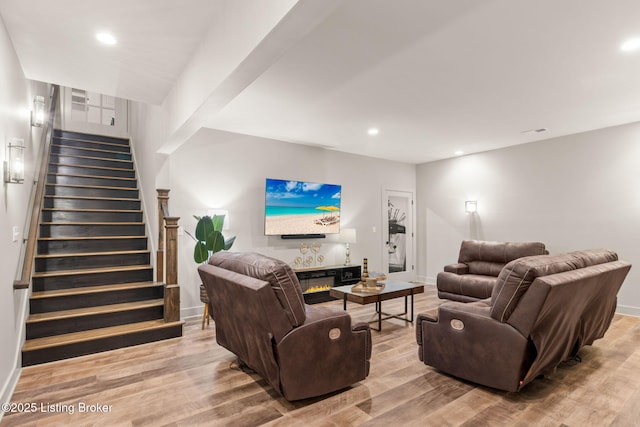 6299 Clore Ln, Crestwood, KY 40014 - living area featuring stairs, wood finished floors, and recessed lighting