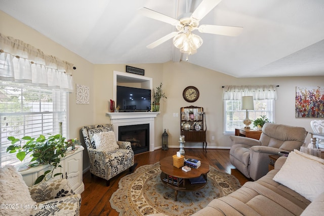12582 Springfalls Ct, Louisville, KY 40229 - living area with a ceiling fan, wood finished floors, and a glass covered fireplace