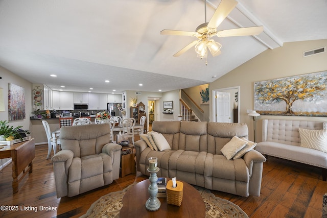 12582 Springfalls Ct, Louisville, KY 40229 - living area featuring hardwood / wood-style floors, stairway, recessed lighting, and a ceiling fan
