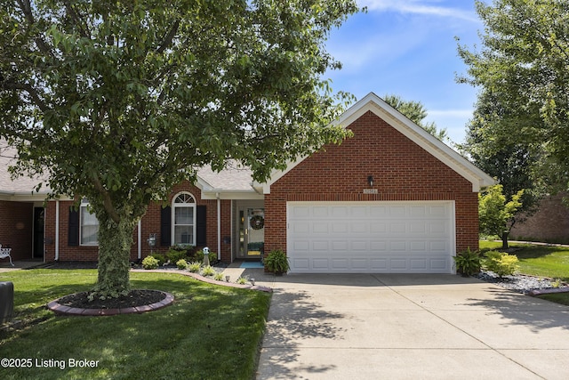 12582 Springfalls Ct, Louisville, KY 40229 - view of front facade featuring driveway, a garage, a front lawn, and brick siding