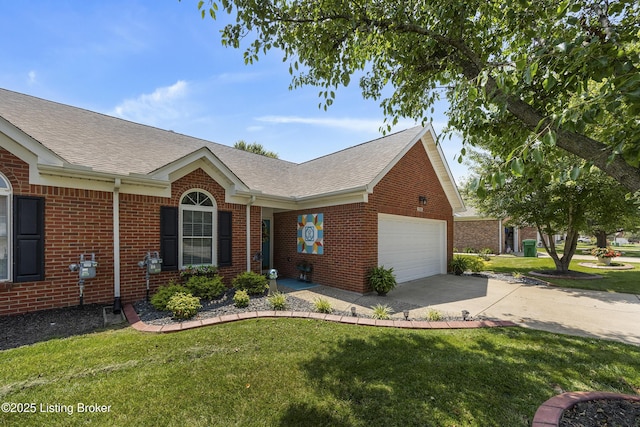 12582 Springfalls Ct, Louisville, KY 40229 - ranch-style house with brick siding, a shingled roof, a garage, and a front yard