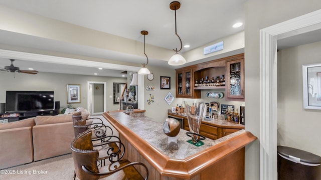8705 Summit Ridge Dr, Louisville, KY 40241 - indoor wet bar featuring hanging light fixtures, ceiling fan, and recessed lighting
