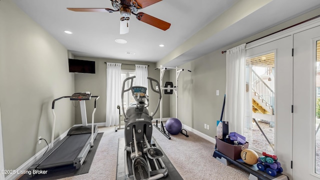 8705 Summit Ridge Dr, Louisville, KY 40241 - exercise room featuring ceiling fan, carpet flooring, baseboards, and recessed lighting