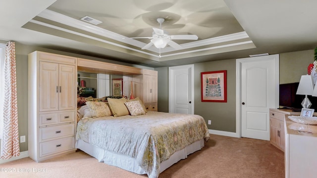 8705 Summit Ridge Dr, Louisville, KY 40241 - bedroom with a raised ceiling, light carpet, baseboards, ceiling fan, and ornamental molding