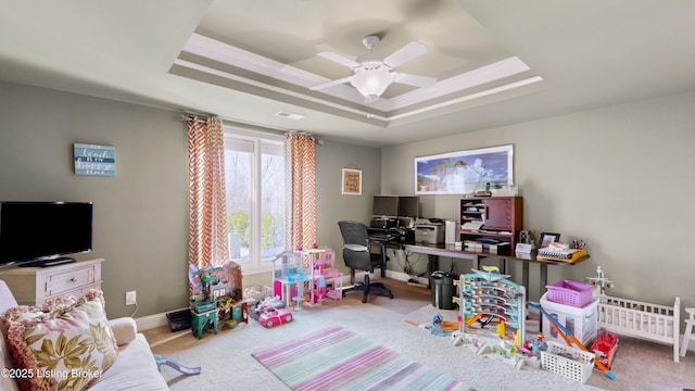 8705 Summit Ridge Dr, Louisville, KY 40241 - game room with a raised ceiling, a desk, a ceiling fan, carpet flooring, and baseboards