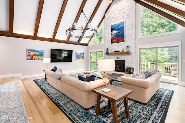 2918 Spickert Knob Rd, Floyds Knobs, IN 47119 - living area with high vaulted ceiling, a fireplace, beamed ceiling, a chandelier, and light wood finished floors
