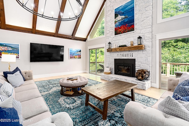 2918 Spickert Knob Rd, Floyds Knobs, IN 47119 - living room featuring high vaulted ceiling, healthy amount of natural light, wood finished floors, a fireplace, and beamed ceiling