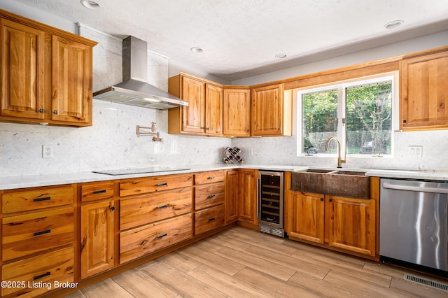2918 Spickert Knob Rd, Floyds Knobs, IN 47119 - kitchen featuring dishwasher, wall chimney exhaust hood, beverage cooler, black electric stovetop, and light wood-style flooring
