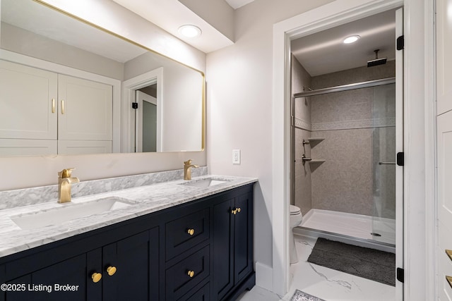 2918 Spickert Knob Rd, Floyds Knobs, IN 47119 - full bath with marble finish floors, double vanity, a stall shower, and recessed lighting
